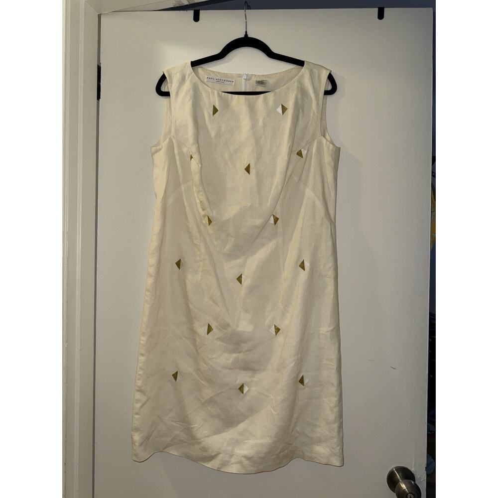 VINTAGE Paul Alexander 100% linen cream knee length dress embroidered beachy MD